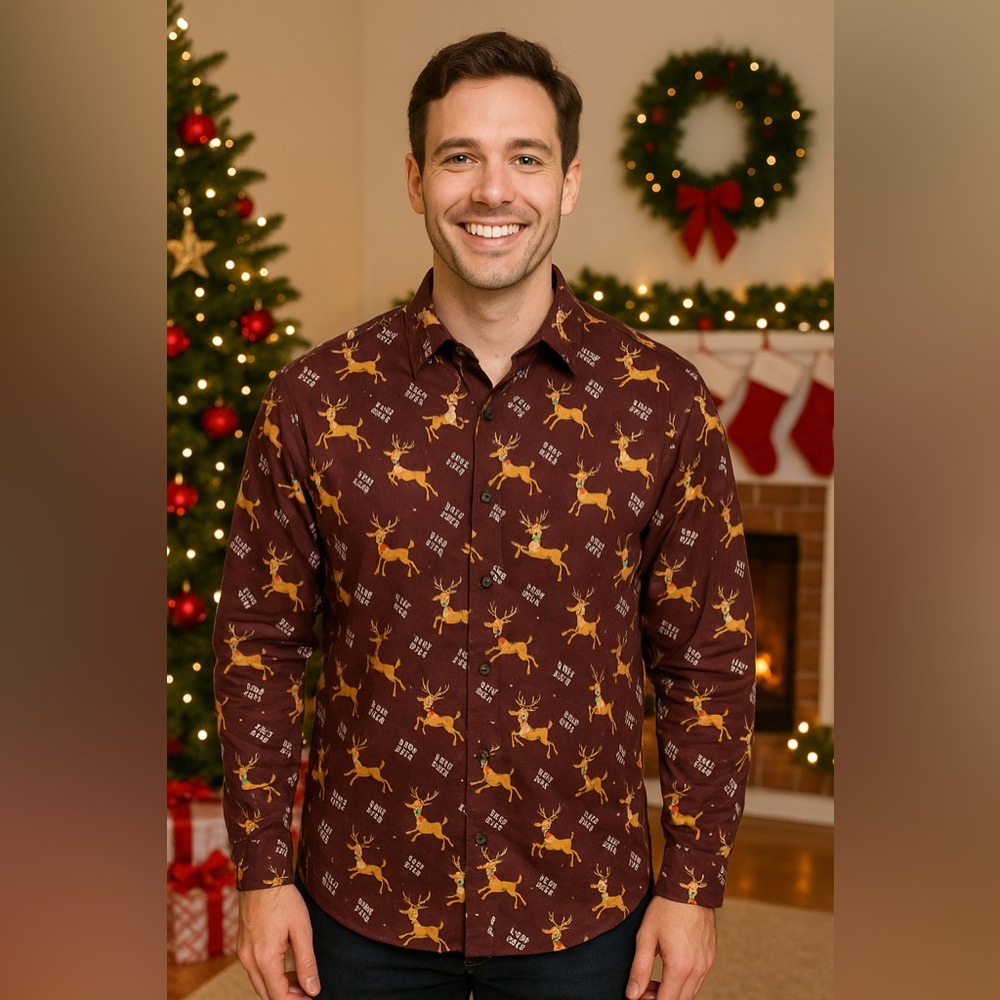 Men's Festive Brewdoloh Reindeer Print Shirt - Maroon
